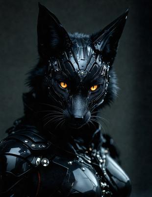 The primary subject of the image is a black and yellow wolf with a metallic mask on its face. The wolf is wearing a black and silver armor, giving it a futuristic and robotic appearance. The setting is a dark room, which adds to the mysterious and intense atmosphere of the scene. The visual style is a combination of photography and digital art, creating a unique and captivating image. The dominant colors are black, silver, and yellow, which contribute to the wolf's men
